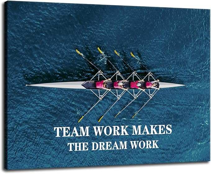 Teamwork Canvas Wall Art Motivational Poster Blue Ocean Rowing Team Picture Positive Success Entrepreneur Quote Office Classroom Bedroom Frame Artwork Ready to Hang[30″W X 40′'H]