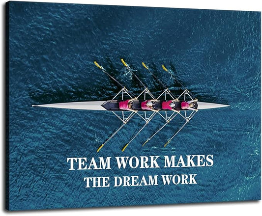Teamwork Canvas Wall Art Motivational Poster Blue Ocean Rowing Team Picture Positive Success Entrepreneur Quote Office Classroom Bedroom Frame Artwork Ready to Hang[30″W X 40′'H]