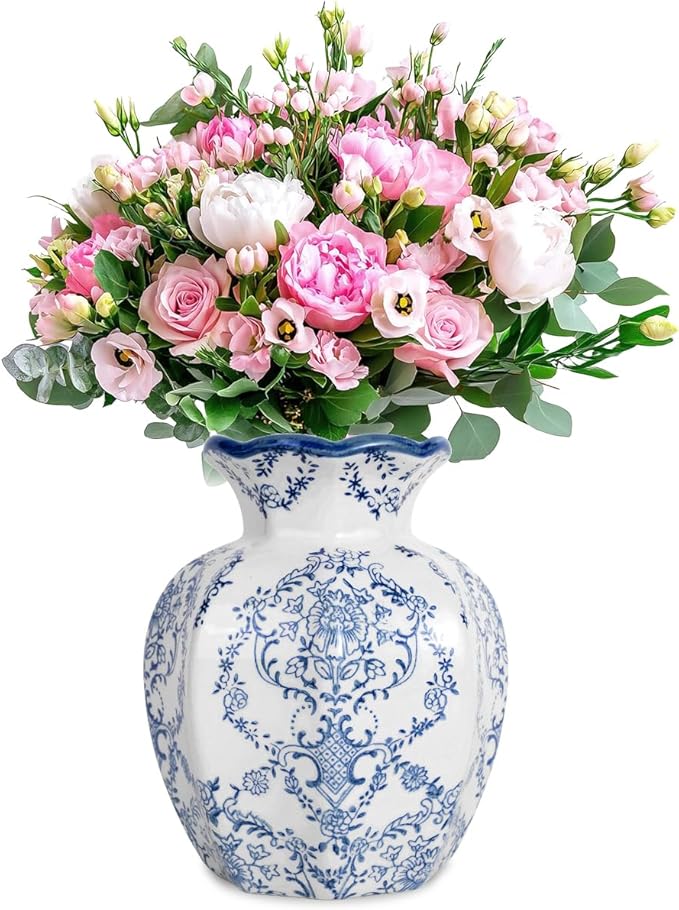 Chinoiserie Vase,Blue and White Vase,Vintage Ceramic Vases,Flower Vase for Centerpiece,Chinese Cute Vases for Living Room, Office,Home Decor (Blue White, Small)