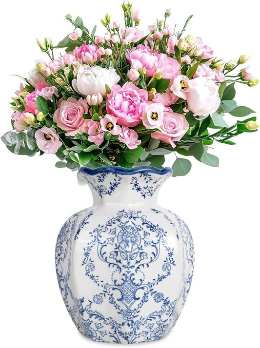 Chinoiserie Vase,Blue and White Vase,Vintage Ceramic Vases,Flower Vase for Centerpiece,Chinese Cute Vases for Living Room, Office,Home Decor (Blue White, Small)