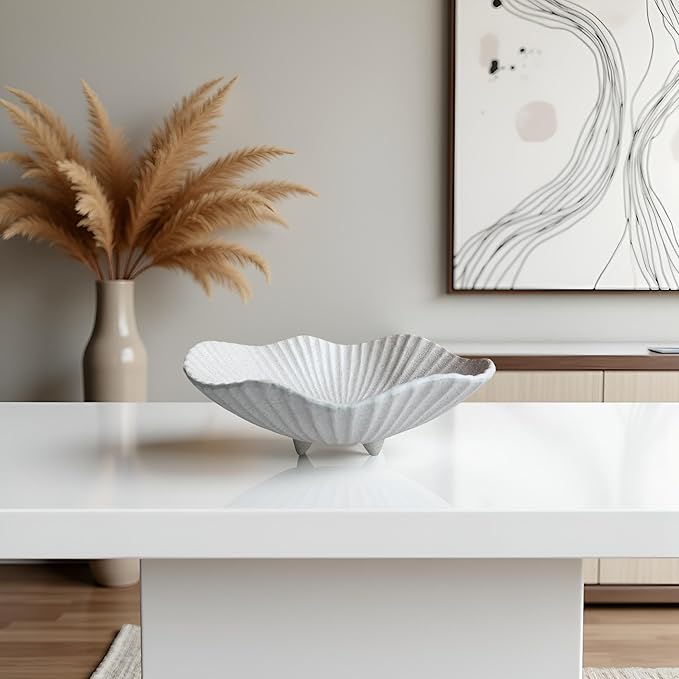 Large Decorative Bowl decor, Scalloped Pedestal Bowls,Modern Home Decor,Ruffle Decor,Stylish Key Bowl for Entry Table,Decorative Fruit Bowl for Kitchen Counter, Light Gray