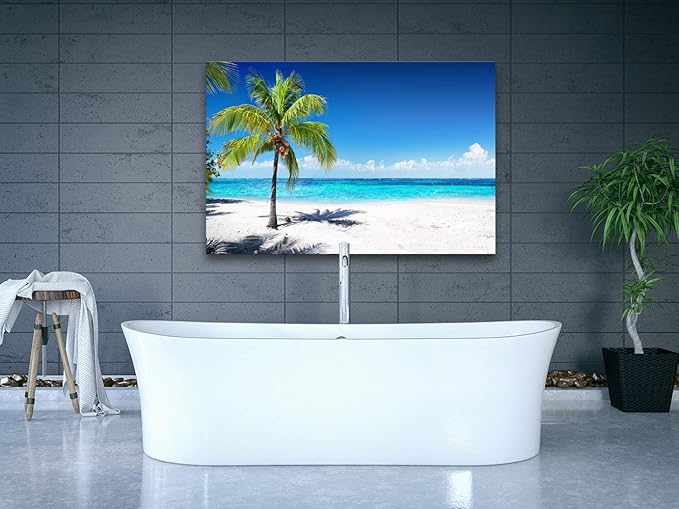Baisuart-S03969 Large Canvas Wall Art Summer Ocean Waves Prints Coconut Trees on Sands Beach Seascape Painting Sea Nature Pictures Framed for Living Room Home Office Wall Decor Artwork