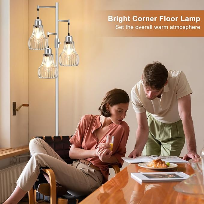 Dimmable Floor Lamp, 3 x 800LM LED Edison Bulbs Included, Farmhouse Industrial Floor Lamp Standing Tree Lamp with Elegant Cage Tall Lamps for Living Room Bedroom Office - Silver