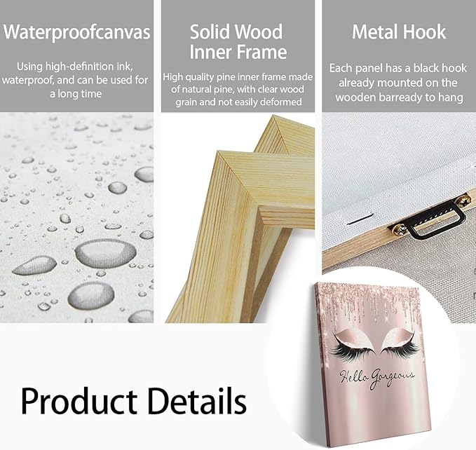 Feminine Eyelash Canvas Wall Art 12x16 Inch - Hello Gorgeous Framed Decor for Bathroom, Bedroom, Home Office - Rose Gold Girly Aesthetic Ready to Hang