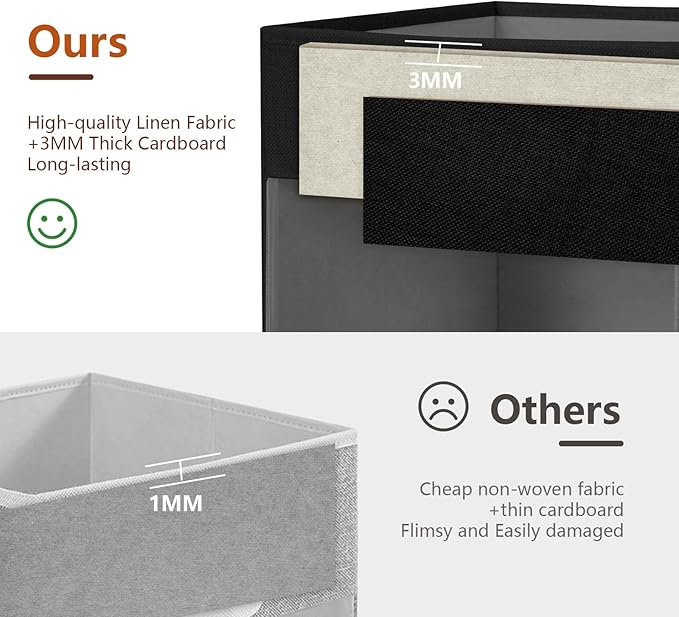 Large Storage Baskets with Clear Window, See Through Closet Organizer with PU Handles, Linen Foldable Storage Bins for Organizing Clothes, Toys, Books (Black)