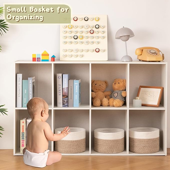 OIAHOMY Small Storage Baskets for Organizing,Closet Cube Shelf Storage, 9.8”×9.8”×7.1”, Woven Cotton Rope Gift Baskets for Nursery,Cute Dog Toy bins, Round 3 Packs, White & Brown