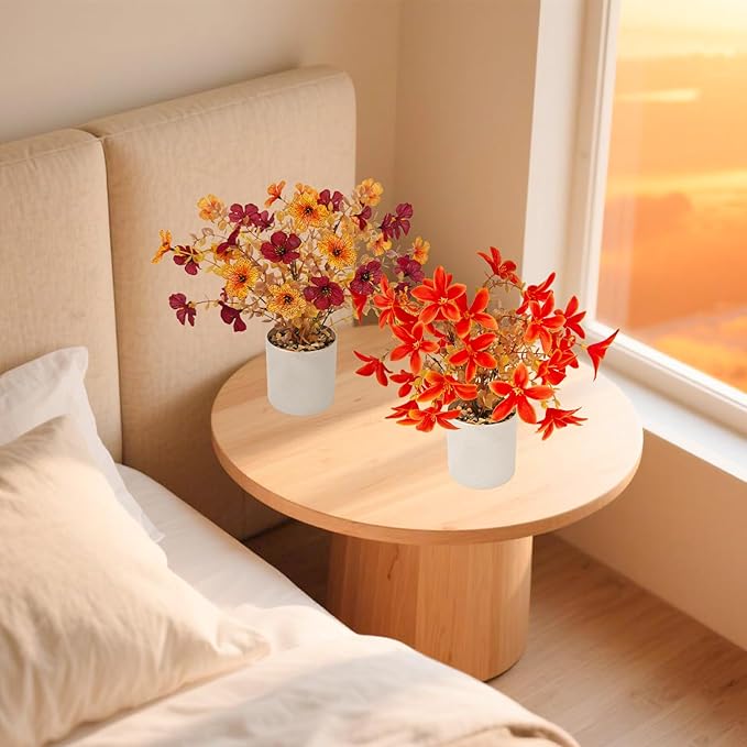Fake Potted Plants 4pcs, Artificial Fall Flowers with Vase, Autumn Harvest Decoration for Home Indoor Outdoor, Table Plants Farmhouse Decor for Kitchen, Bedroom, Living Room, Bathroom
