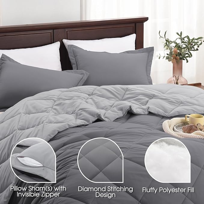 Basic Beyond Full Size Comforter Set - Charcoal Gray and Grey Comforter Set Full, Reversible Comforter Full Size Set, 1 Comforter (82"x92") and 2 Pillow Shams (20"x26"+2")