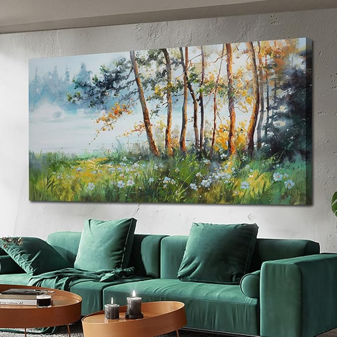 Ardemy Tree Wall Art Canvas for Living Room Landscape Textured Green Forest Painting Nature Flower Picture Bedroom Teal Scenery Artwork Framed Kitchen Home Office Wall Decor, Extra Large 58"x29"