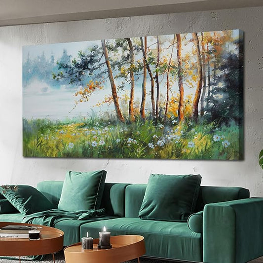 Ardemy Tree Wall Art Canvas for Living Room Landscape Textured Green Forest Painting Nature Flower Picture Bedroom Teal Scenery Artwork Framed Kitchen Home Office Wall Decor, Extra Large 58"x29"
