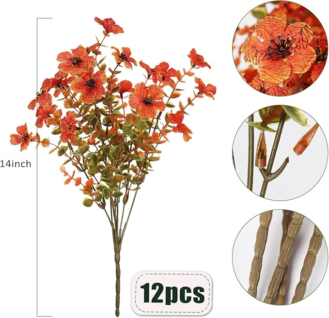 12 Bundles Artificial Mums Fall Flowers for Outdoors Fake Plants - Faux Outside Greenery Boxwood No Fade Plastic Shrubs Decor for Front Door Porch Planter Patio Garden Home Thanksgiving(Salmon)