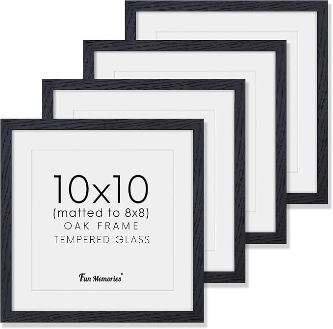 Fun Memories 10x10 Picture Frames, Square Frame 10 by 10 with Mat for 8 by 8, Rustic Oak Wood Frame 10"x10", 10 x 10 Wood Frame Set of 4, Minimalist 10x10 Photo Frames, Black Color