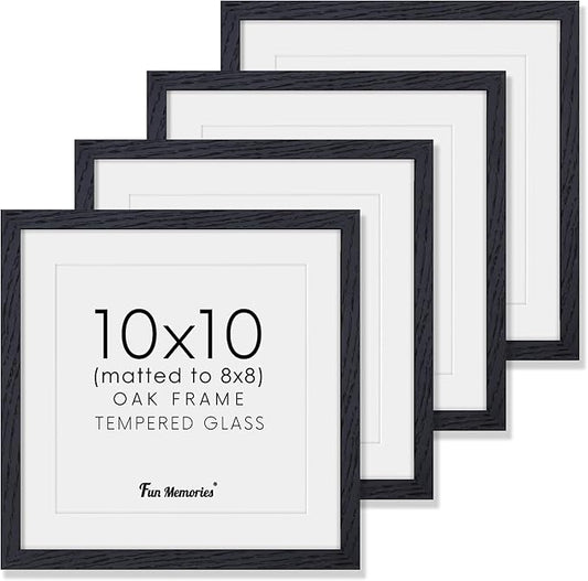 Fun Memories 10x10 Picture Frames, Square Frame 10 by 10 with Mat for 8 by 8, Rustic Oak Wood Frame 10"x10", 10 x 10 Wood Frame Set of 4, Minimalist 10x10 Photo Frames, Black Color