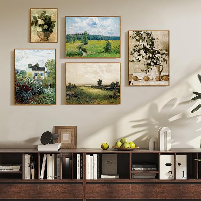 crmotu Vintage Framed Wall Art, Cottage Rose Garden Landscape Painting, French Country Floral Pictures Canvas Prints, Retro Rustic Farmhouse Wall Decor Living Room Bedroom Kitchen Artwork 12x16in