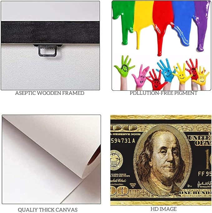Large Size Motivational Framed Wall Pictures 100 Golden Dollar Money Artwork Posters Prints Culture Style Street Art Inspirational Canvas Painting Wall Art for Kids Room Studio Ready to Hang-48"Wx24"H