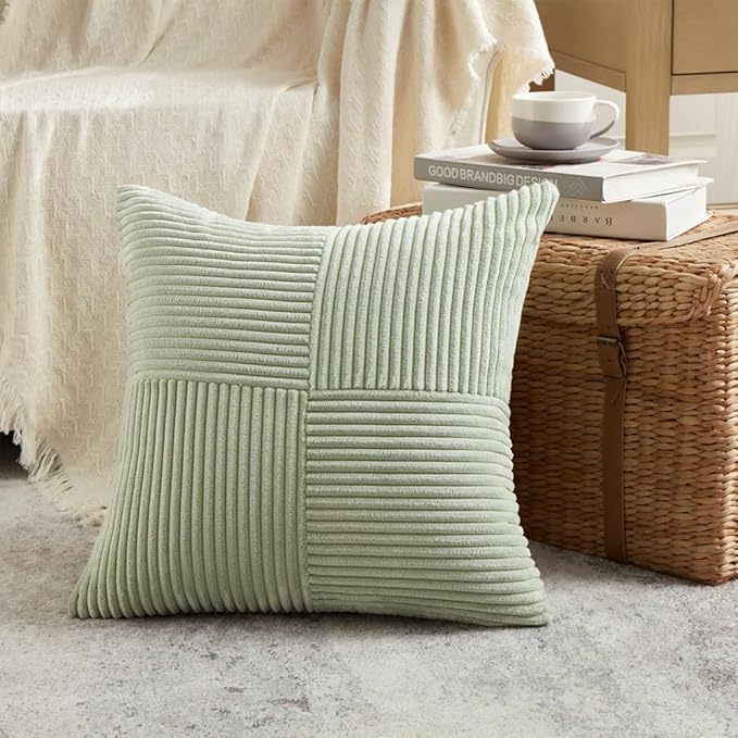 Fancy Homi 4 Packs Sage Green Decorative Throw Pillow Covers 18x18 Inch for Living Room Couch Bed Sofa, Farmhouse Boho Home Decor, Soft Cross Corduroy Patchwork Textured Square Cushion Case 45x45 cm