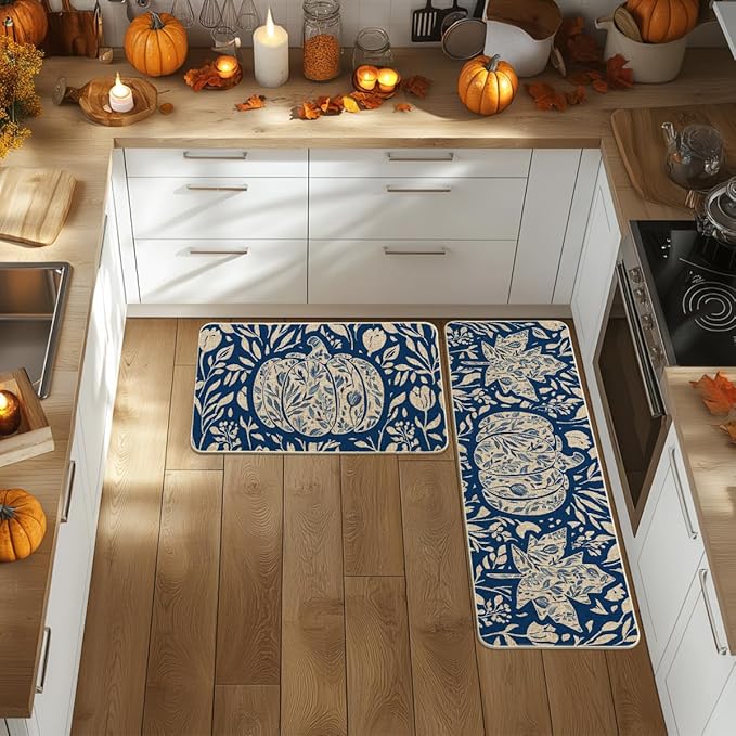 Artoid Mode Blue Flower Pumpkin Fall Kitchen Mats Set of 2, Autumn Home Decor Low-Profile Kitchen Rugs for Floor - 17x29 and 17x47 Inch