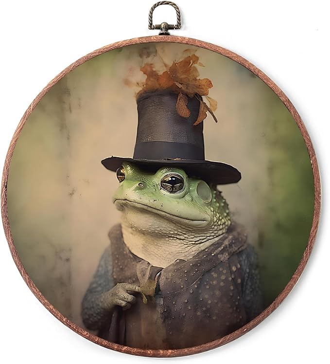 Frog Vintage Round Art Wall Hanging, Iron hanging eyelet, Modern Living Room Wall Decor, medieval framed artwork canvas print, for home bedroom rustic farmhouse decoration - A02