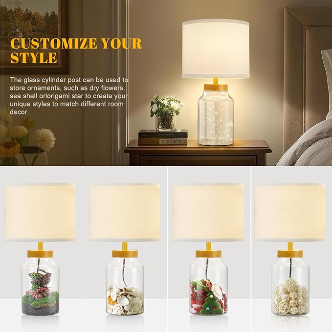 GyroVu Fillable Table Lamp, Bedside Lamp with Clear Glass Fillable Lamp Nightstand Lamp for Living Room Bedrooms Office, Bulbs Included(Gold+White Lampshade)
