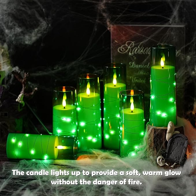 Flameless LED Candles with Timer 5 Pc Flickering Flameless Candles for Romantic Ambiance and Home Decoration Stable Acrylic Shell,with Embedded Star String，Battery Operated Candles（Green）