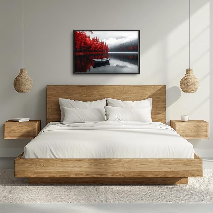 Olivine Lake Large Wall Art, Red Forest Pictures Wall Decor, Black And White Landscape Paintings, Boat Canvas Prints, Framed Artwork for Dining Room Bedroom Living Room Office Bathroom Home 36"x24"