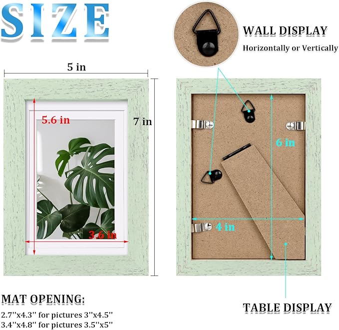 Egofine 4x6 Picture Frames Set of 4, Made of Solid Wood Covered by Plexiglass 3.5x5 with Mat or 4x6 without Mat, for Table Top Display and Wall Mounting Photo Frame Rustic Green