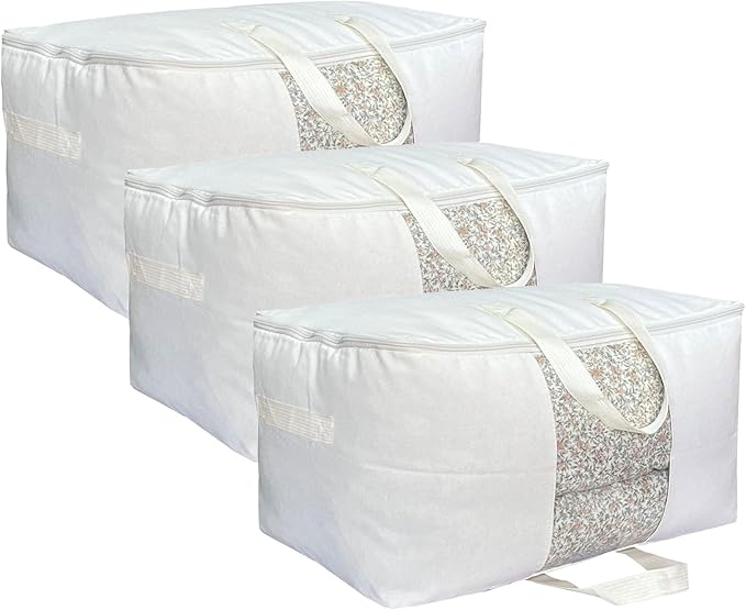 Soft Large Canvas Comforter Storage Bags with Four Carrying Handles and Clear Window, Closet Organizer for Clothing, Blankets Sheets Pillows and Bedding, 80L, 3 Pack, White