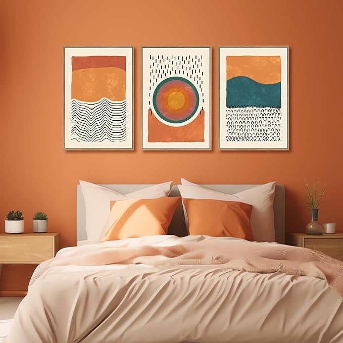 HPINUB Boho Abstract Framed Canvas Prints Wall Art Set, Mid-Century Color Block Shape Wall Decor, Minimalist Illustrations Art Photos for Living Room, Bedroom, Dining Room, Office, Bathroom-24 x36 x3