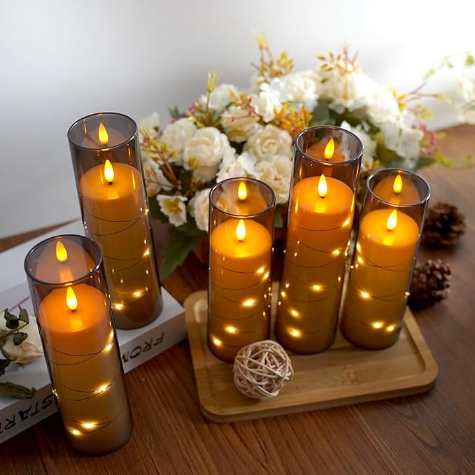 Flameless Candles,with Embedded Star String, Battery Operated Candles Flickering LED Pillar Candles with Remote Control and Timer, Home Decoration Add a Warm and Romantic Atmosphere，Set of 7 (Grey)