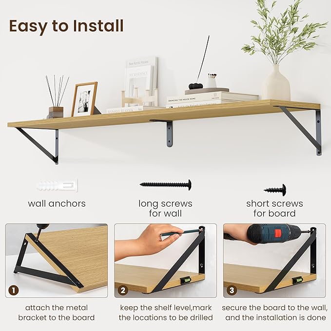 Fun Memories Deep Floating Shelves for Wall, 55W x 8D Wall Mounted Shelves Set of 2, Wide Display Ledge Shelf with Sturdy Metal Brackets for Living Room, Bathroom, Bedroom and Kitchen, Oak