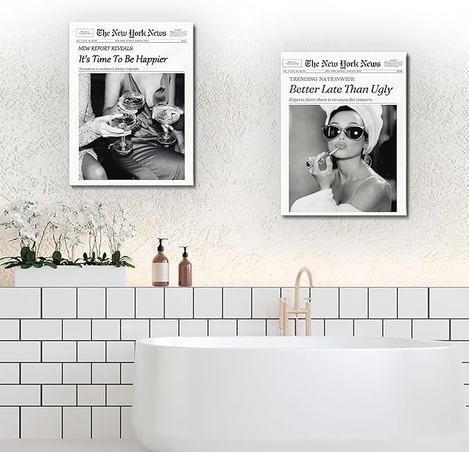 Trendy Wall Art Black and White Newspaper Poster Time To Be Happier Champagne Toast Canvas Wall Decor Retro News paper Style Home Decor for Living Room Home Dorm Alcohol Artwork for Gift 8x10 Framed