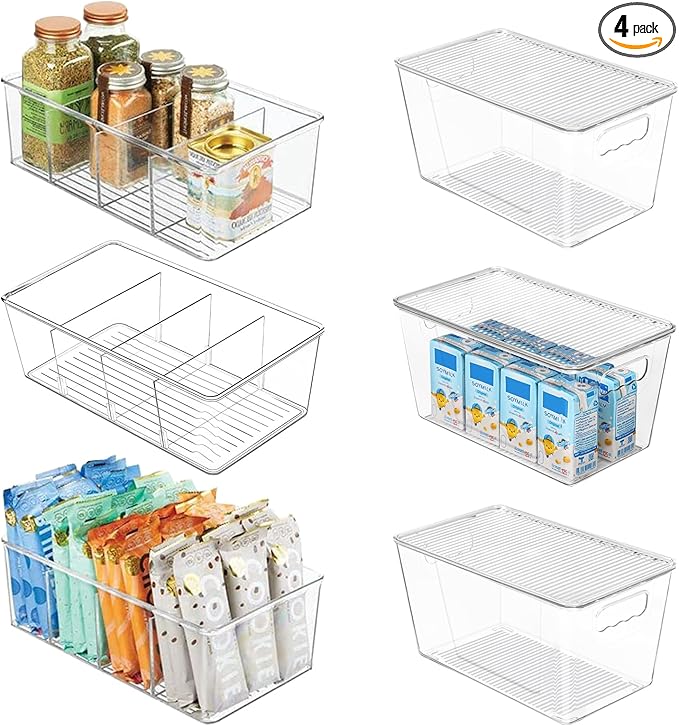6 Pack Clear Plastic Storage Bins Snack Organizers with Lids Handle for Home Organization Kitchen Cabinet Fridge Laundry Room Office Closet Garage Freezer