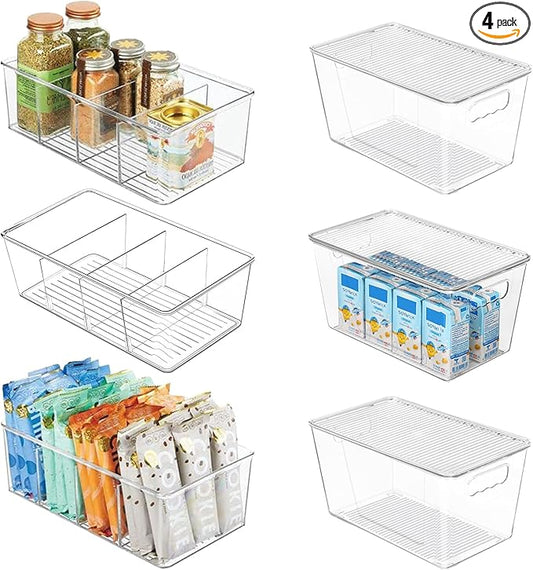 6 Pack Clear Plastic Storage Bins Snack Organizers with Lids Handle for Home Organization Kitchen Cabinet Fridge Laundry Room Office Closet Garage Freezer