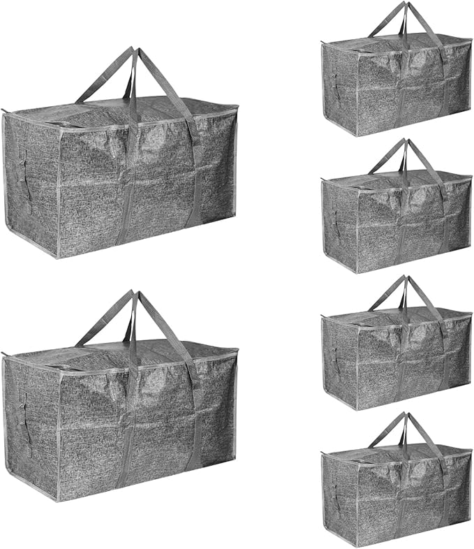 6 Pack-Extra Large Heavy Duty Moving Bags - Waterproof Storage Totes with Handles & Zippers, Foldable for College Dorm, Storage (Gray)