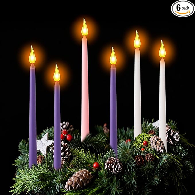 Advent Candles Set of 6, Dripless Advent Taper Candles with 3-Purple 1-Pink 2-White, Christmas Advent Taper Candle 10 Inch Long for Holidays, Celebrations, Devotional, Church, Wreath