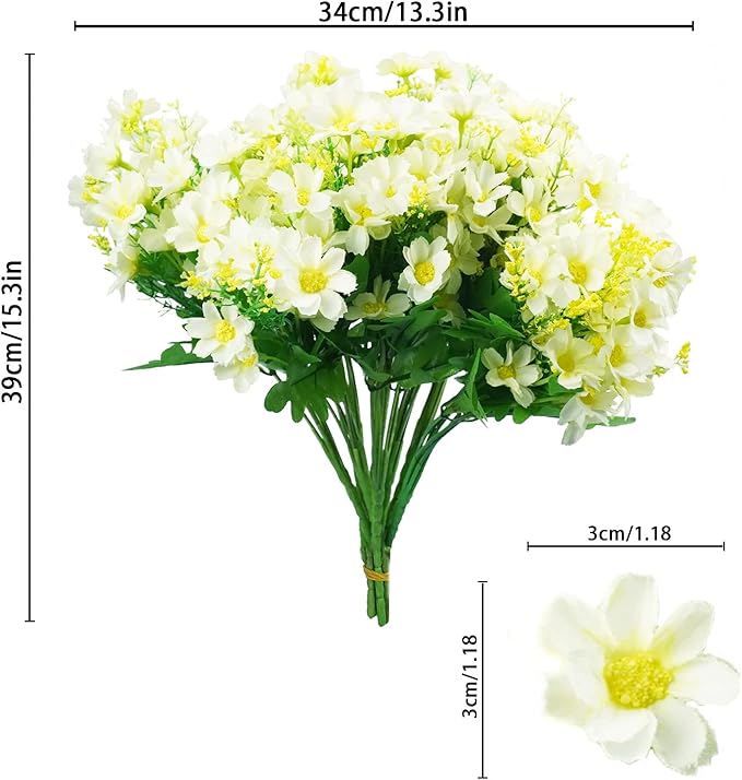 Uieke 12 Bundles Artificial Fake Flowers Outdoors UV Resistant Faux Daisy Mums Silk Flowers Bulk No Fade Shrubs Plants for Indoor Outside Home Wedding DIY Garden Porch Summer Décor (White)