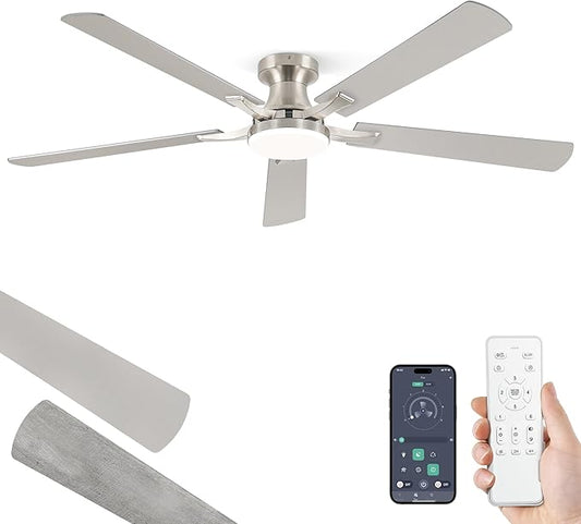 ZMISHIBO 60 Inch Ceiling Fan with Light, App&Remote Control, Flush Mount Low Profile, Dimmable 20W LED Light, Quiet Reversible Motor for Bedroom, Living Room, Apartment, Nickel