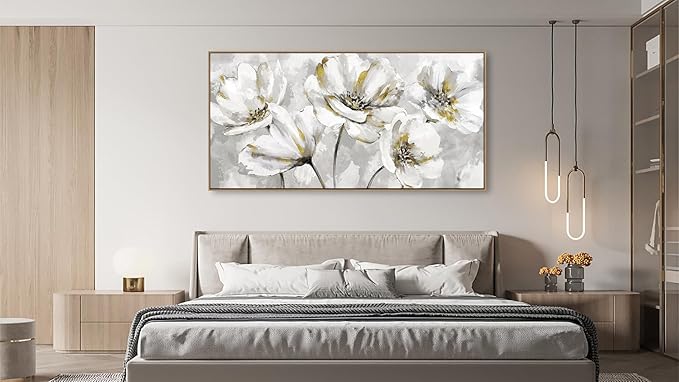 arteWOODS Flowers Framed Wall Art - Gray White Flowers with Yellow Accents Canvas Pictures Wall Decor Botanical Painting Artwork Elegant Floral Prints Living Room Bedroom 48 x 24in Natural Wood Frame