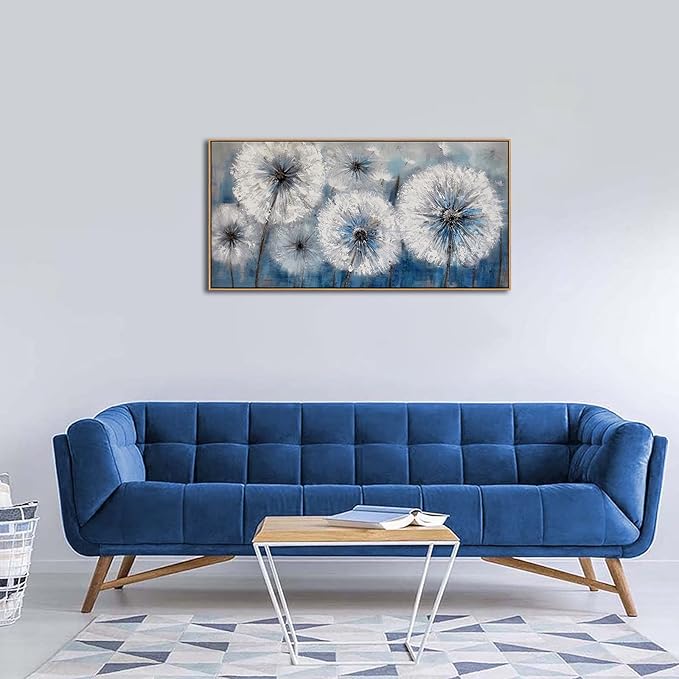 Dandelion Canvas Print - Framed Wall Art for Living Room & Bedroom - Large White Flower Flora Home Decoration (With Solid Wood Dark Frame)