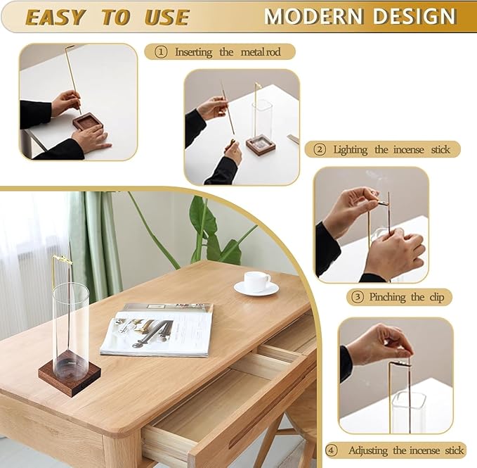 Incense Holder, Wooden Incense Holder for Sticks with Glass Ash Catcher, Anti-ash Incense Burner with 20 Incense Sticks and a Ash Brush for Meditation Yoga Spa Room Decor