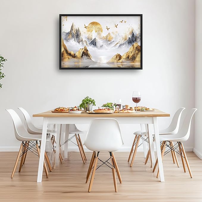 Extra Large Framed Abstract Mountain Wall Art,Golden Silver Sun Bird Wall Decor,Mountain Landscape Pictures for Living Room,Canvas Print Painting Modern Artwork Bedroom Office Bathroom 36L x24W