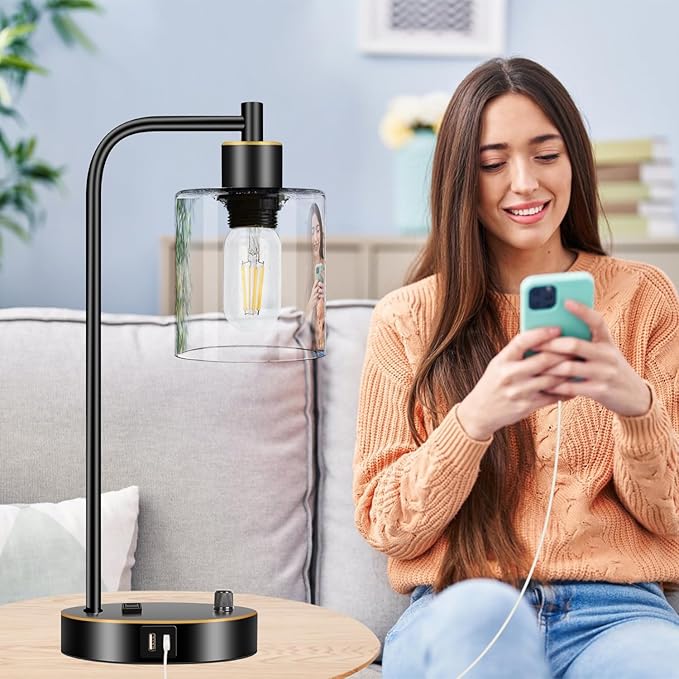 Set of 2 Black and Gold Industrial Table Lamps with USB Port, Fully Stepless Dimmable Bedside Lamps for bedrooms, Nightstand Desk Lamps with Clear Glass Shade for Reading Office 2 LED Bulb Included