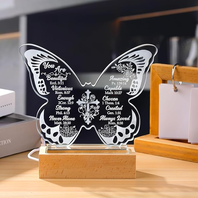 Ornalrist Christian Gifts for Women - Butterfly Inspirational Religious Gifts with Bible Verses and Prayers Rose Cross for Her, Mom, Friend, Sister - Religious Glass Keepsake Warm LED Light Base