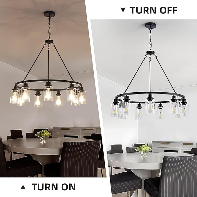 9-Light 32" Modern Farmhouse Chandeliers for Dining Room,Wagon Wheel Black Chandelier,Adjustable Height Hanging Round Pendant Lights for Kitchen Island Clear Glass Shade Ceiling Light fixtures