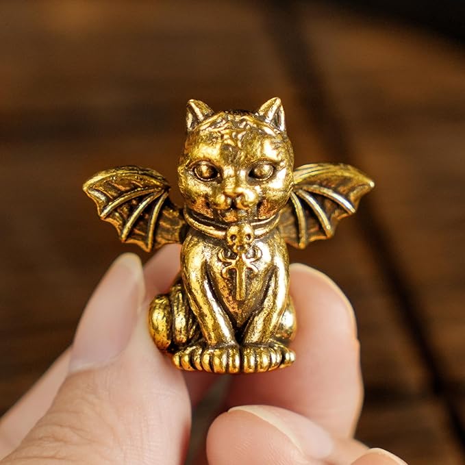 CHOVY Retro Handcrafted Evil Cat Sculpture - 100% Solid Brass Demon Cat Figurine with Wings & Fangs | Gothic Dark Fantasy Desktop Decor, Collectible Art Piece Unique Gift