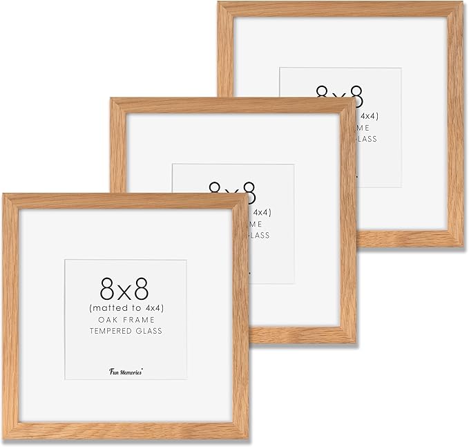 8 x 8 Oak Wood Picture Frames, Set of 3, Square Photo Frame 8x8 for Wall, 8x8 Frame Matted to 4x4 - Real Tempered Glass, 8"x8" Picture Frames (Natural Oak Color, 3 Pack)
