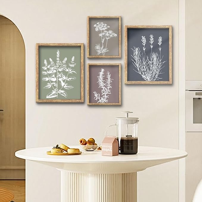 GUMEYJIA Boho Wall Art Set of 4 Framed Herb Prints Botanical White Floral Sketches with Gray and Sage Green Background Modern Farmhouse Decor Home Kitchen Wall Decor (8x10 in)