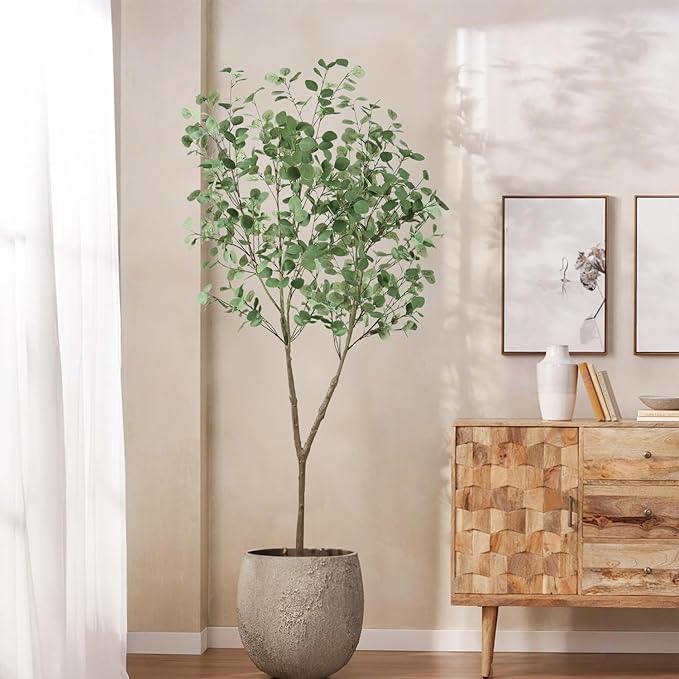 Faux Eucalyptus Tree 7ft(84in) Artificial Potted Tree for Indoor Decor Large Realistic Potted with Silk Leaves and Natural Wood Trunk for Home Living Room,Office Foyer,Porch Decor.