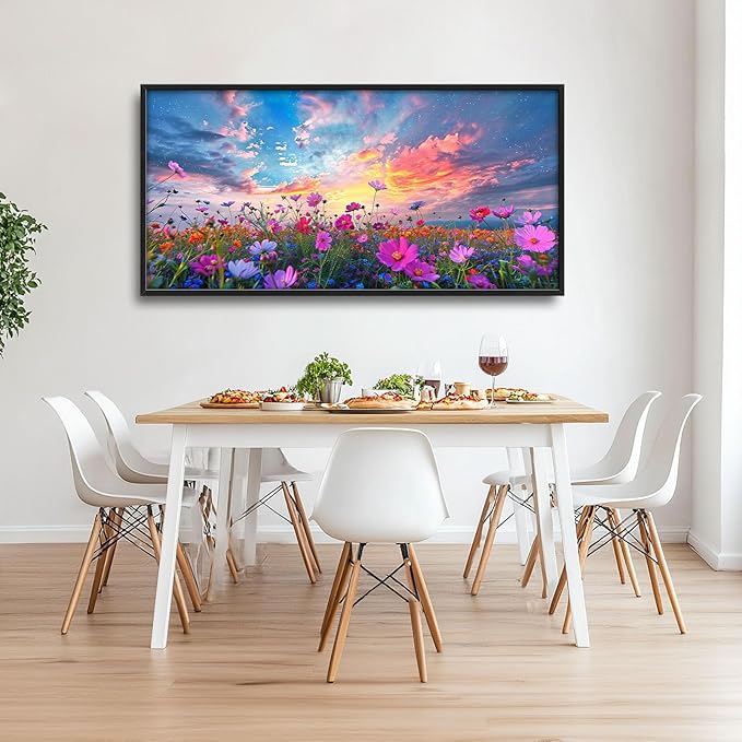 Flower Field Sunrise Large Framed Wall Art Oversized Daisy WildFlower Landscape Pictures Floral Wall Decor Canvas Print Painting Aesthetic Modern Artwork for Living Room Bedroom Office Bathroom Home Decor 60L"x30W"