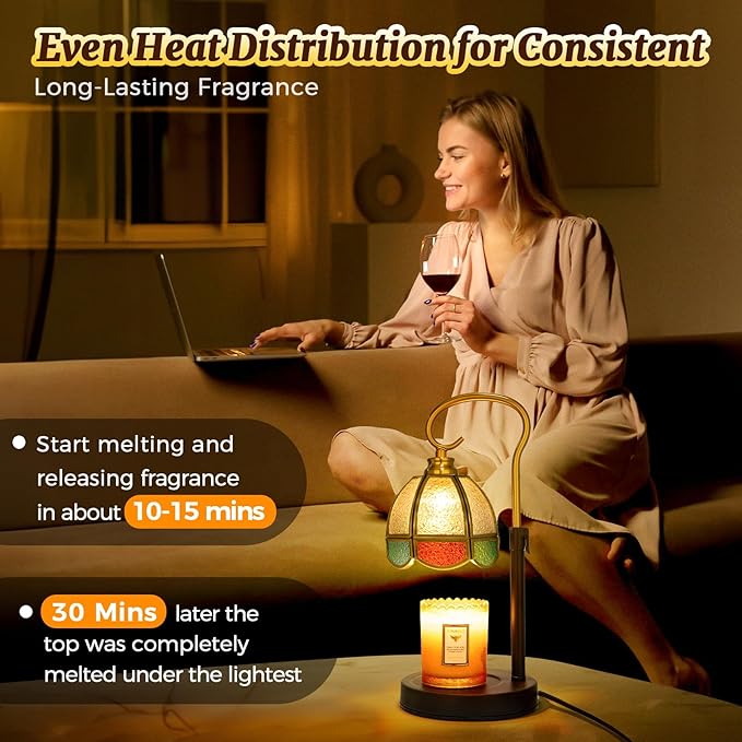 Candle Warmer Lamp with Timer, Dimmable, Adjustable Height, Birthday Gifts for Women Mom, House Warming Gifts New Home Decor, Wax Warmer Lamp for Jar Candles with 2 Bulbs (Colored Shade)